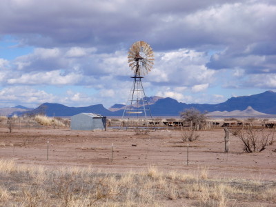 Water tank, wind mill (water pump), and cattle.